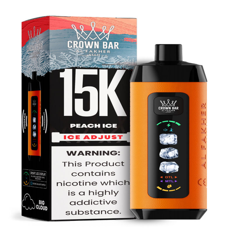 Al Fakher Ice Adjust 15K Puffs Vape in flavor, peach ice showing the vape and the box.