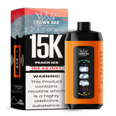 Al Fakher Ice Adjust 15K Puffs Vape in flavor, peach ice showing the vape and the box.