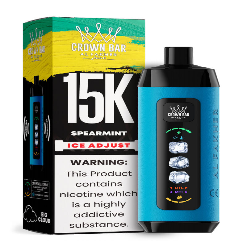 Al Fakher Ice Adjust 15K Puffs Vape in flavor, spearmint showing the vape and the box.