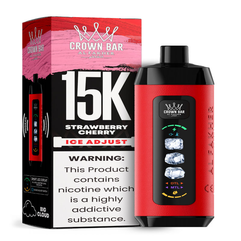 Al Fakher Ice Adjust 15K Puffs Vape in flavor, strawberry cherry showing the vape and the box.