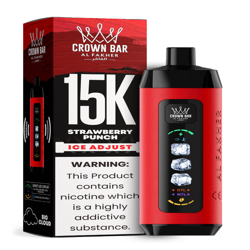 Al Fakher Ice Adjust 15K Puffs Vape in flavor, strawberry punch showing the vape and the box.