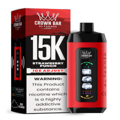 Al Fakher Ice Adjust 15K Puffs Vape in flavor, strawberry punch showing the vape and the box.