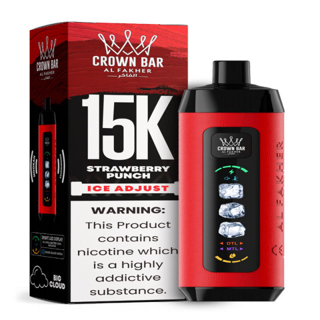 Al Fakher Ice Adjust 15K Puffs Vape in flavor, strawberry punch showing the vape and the box.
