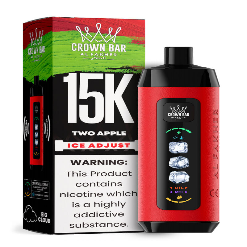 Al Fakher Ice Adjust 15K Puffs Vape in flavor, two apple showing the vape and the box.