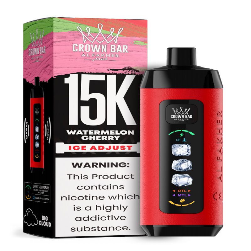 Al Fakher Ice Adjust 15K Puffs Vape in flavor, watermelon cherry showing the vape and the box.