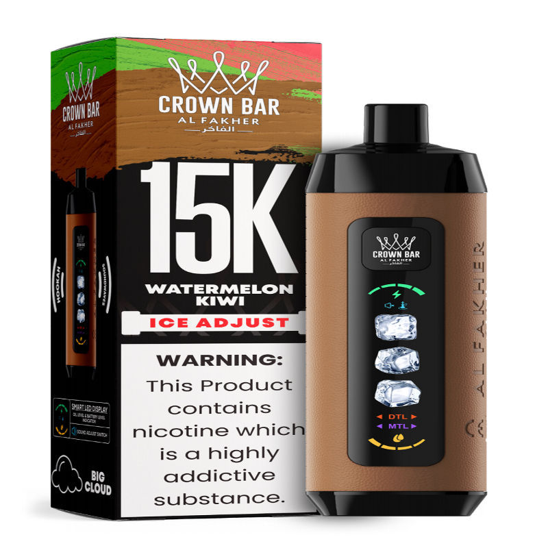 Al Fakher Ice Adjust 15K Puffs Vape in flavor, watermelon kiwi showing the vape and the box.