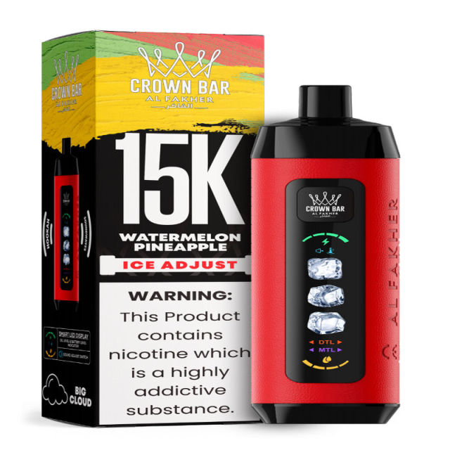 Al Fakher Ice Adjust 15K Puffs Vape in flavor, watermelon pineapple showing the vape and the box.