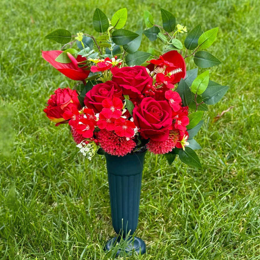 Eternal Blooms Cemetery Flowers with Vase – Artificial Rose, Sunflower, Mum & Orchid Grave Decor – Memorial Bouquet with Stake Base for Graves & Headstone