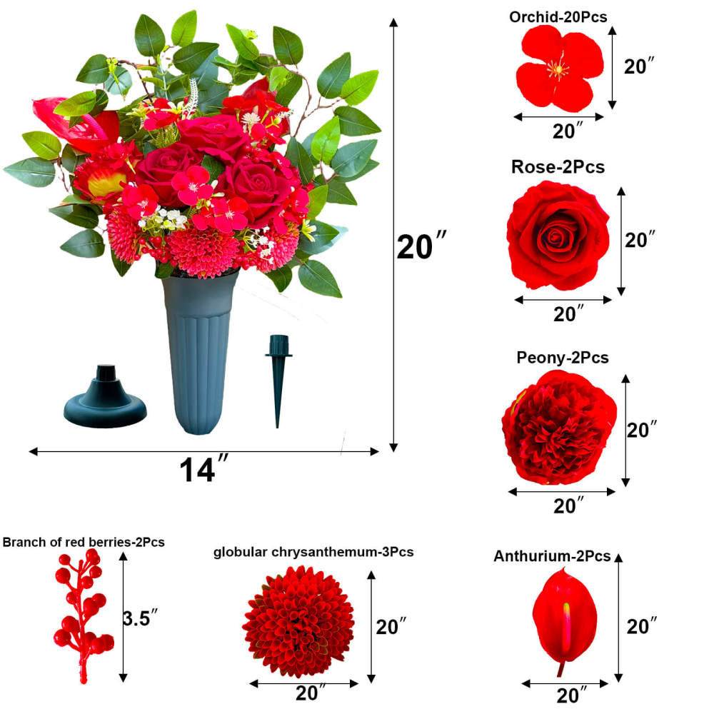 Eternal Blooms Cemetery Flowers with Vase – Artificial Rose, Sunflower, Mum & Orchid Grave Decor – Memorial Bouquet with Stake Base for Graves & Headstone