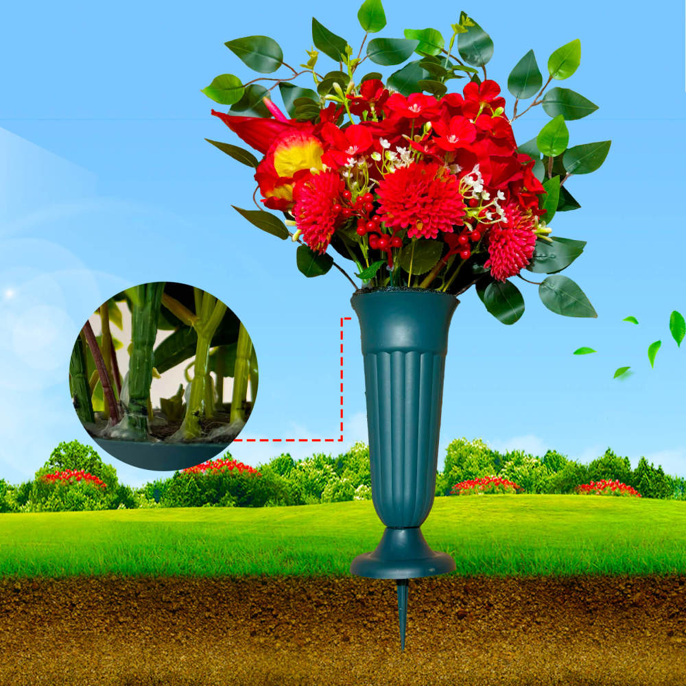 Eternal Blooms Cemetery Flowers with Vase – Artificial Rose, Sunflower, Mum & Orchid Grave Decor – Memorial Bouquet with Stake Base for Graves & Headstone