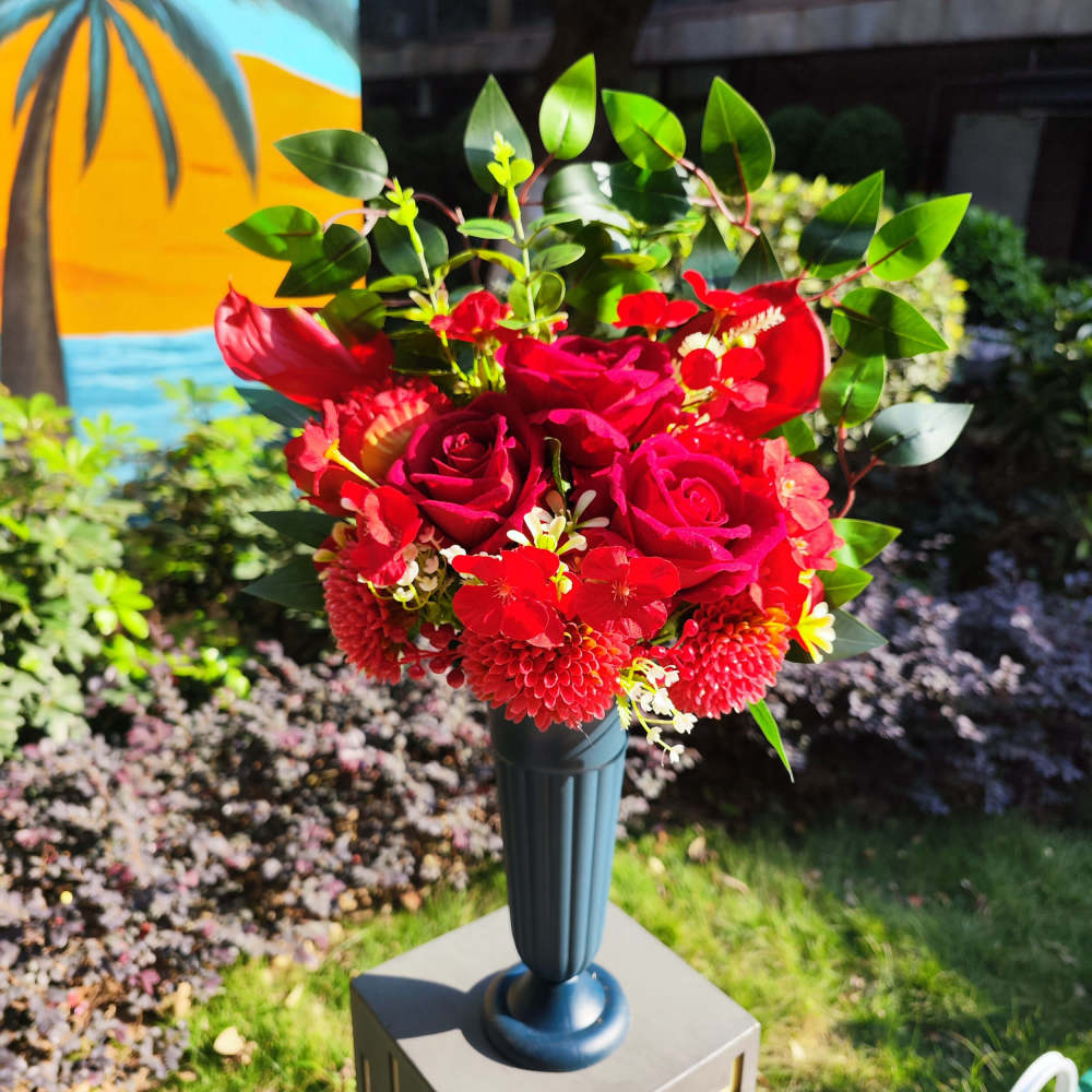 Eternal Blooms Cemetery Flowers with Vase – Artificial Rose, Sunflower, Mum & Orchid Grave Decor – Memorial Bouquet with Stake Base for Graves & Headstone