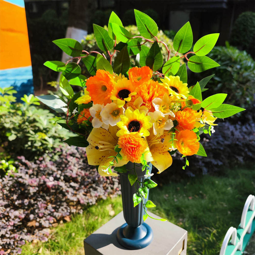 Yellow Sunflower Lily Poppy Narcissus Artificial Grave Flowers with Stake Base-20"