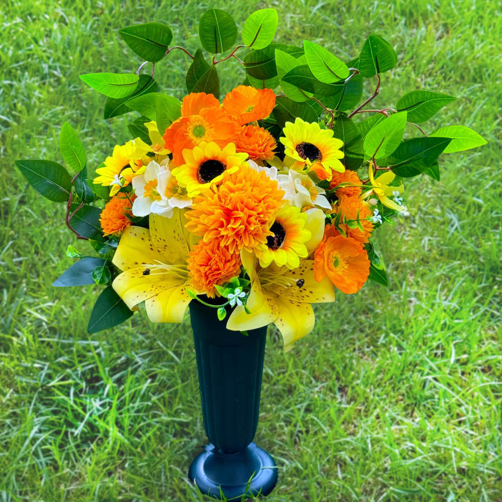 Yellow Sunflower Lily Poppy Narcissus Artificial Grave Flowers with Stake Base-20"