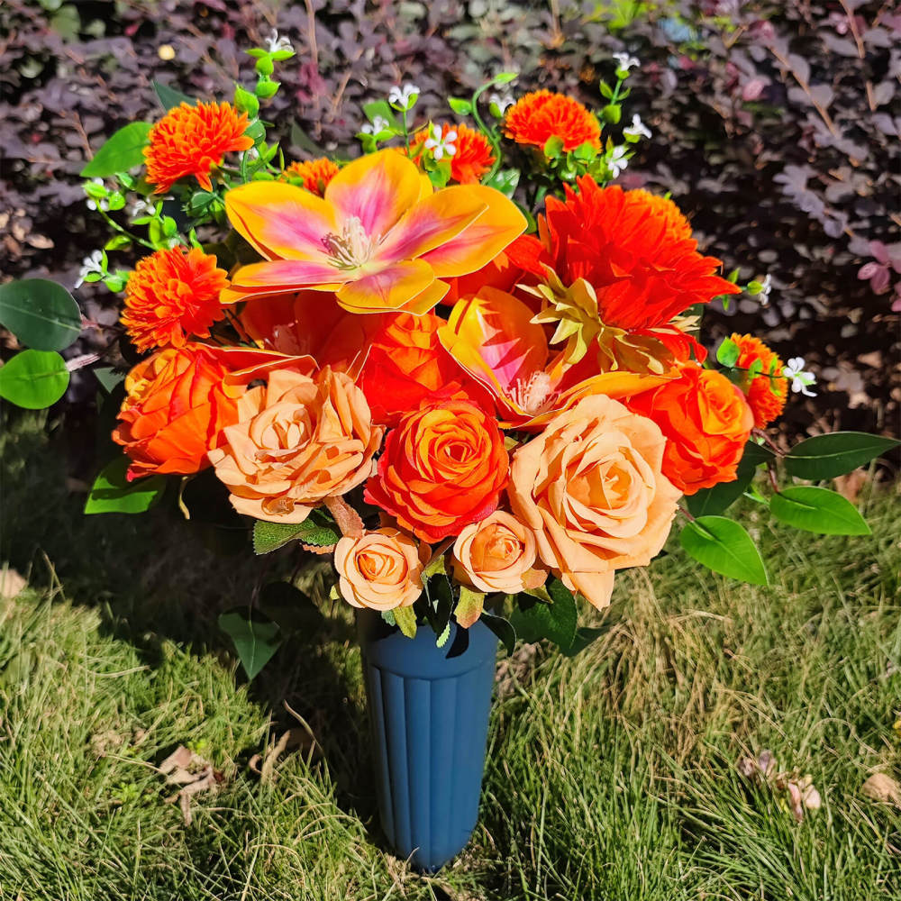 Artificial Grave Bouquet Rose Sunflower (Champagne Orange) with Stake Base-20"