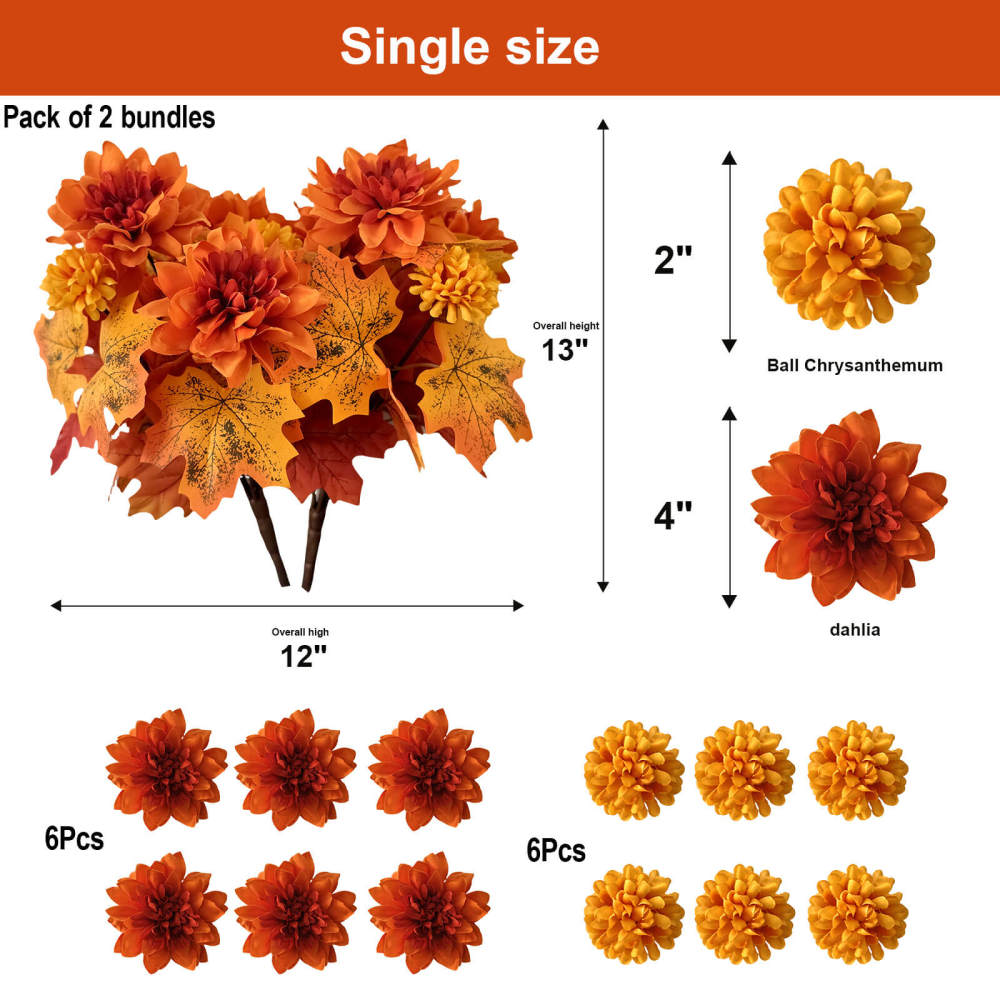 Fall Real Touch Artificial Flowers 2 Bundles Chrysanthemum Dahlia-13"