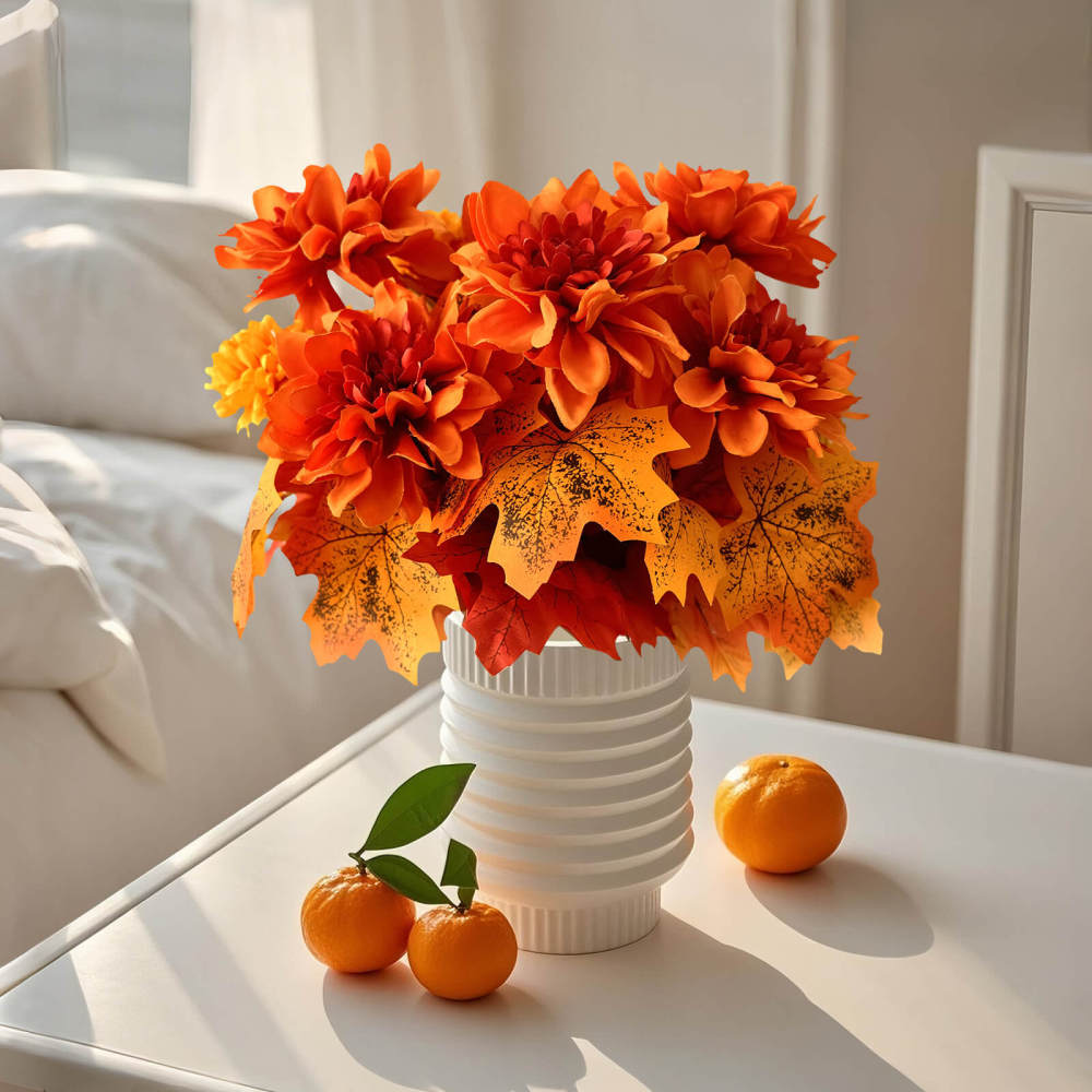 Fall Real Touch Artificial Flowers 2 Bundles Chrysanthemum Dahlia-13"