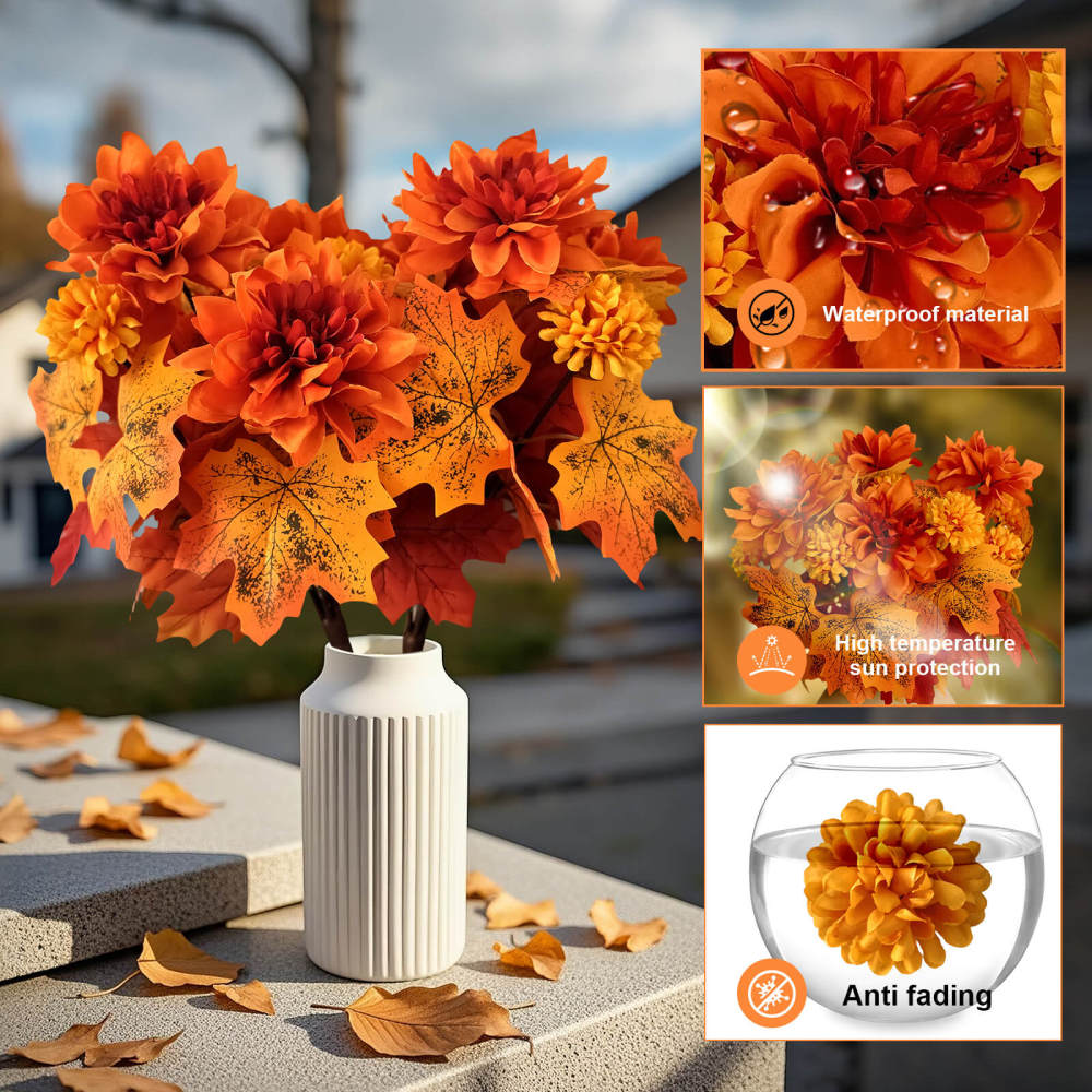 Fall Real Touch Artificial Flowers 2 Bundles Chrysanthemum Dahlia-13"