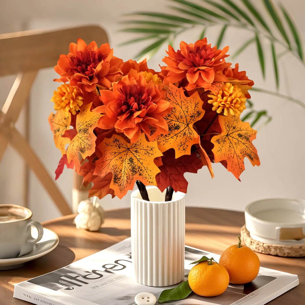 Fall Real Touch Artificial Flowers 2 Bundles Chrysanthemum Dahlia-13"
