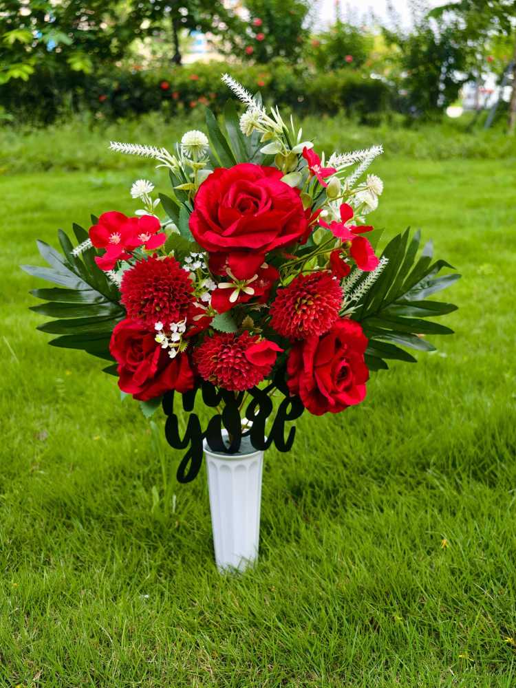Artificial Red Rose Flowers Bouquet for Graves with Miss You Metal- 17.7"