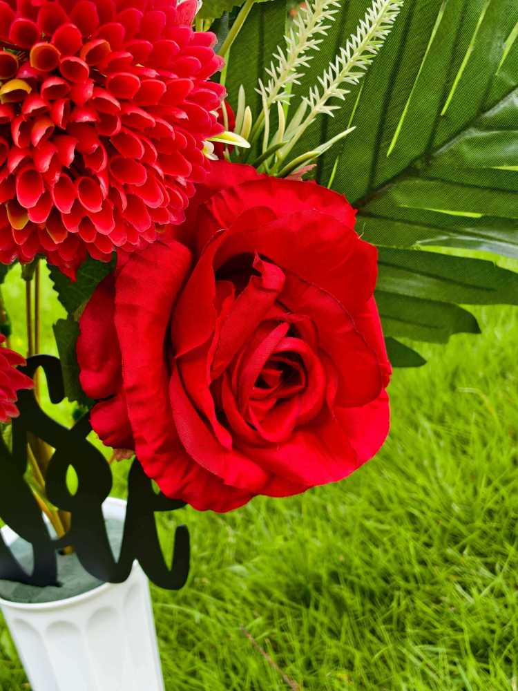 Artificial Red Rose Flowers Bouquet for Graves with Miss You Metal- 17.7"