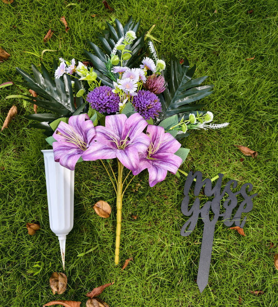 Eternal Artificial Flowers for Graves with Miss You Metal  – Waterproof UV-Resistant Cemetery Vase Arrangement, Tombstone Decor for Headstone