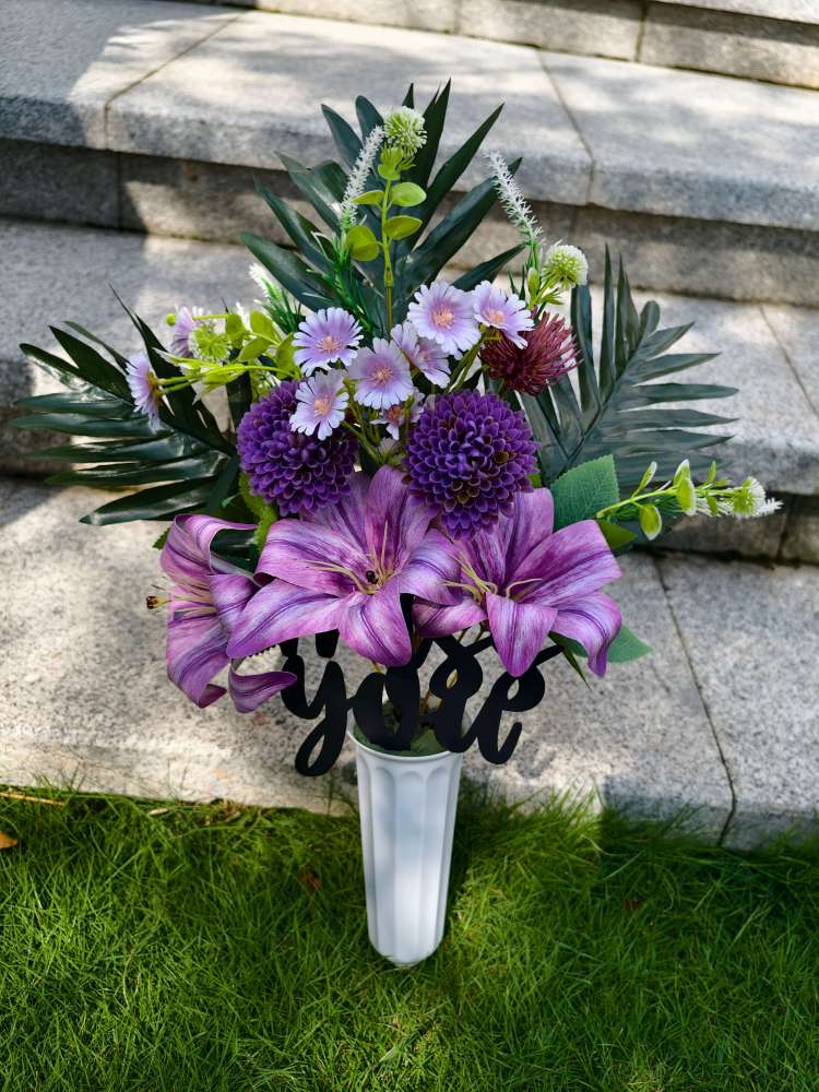 Eternal Artificial Flowers for Graves with Miss You Metal  – Waterproof UV-Resistant Cemetery Vase Arrangement, Tombstone Decor for Headstone