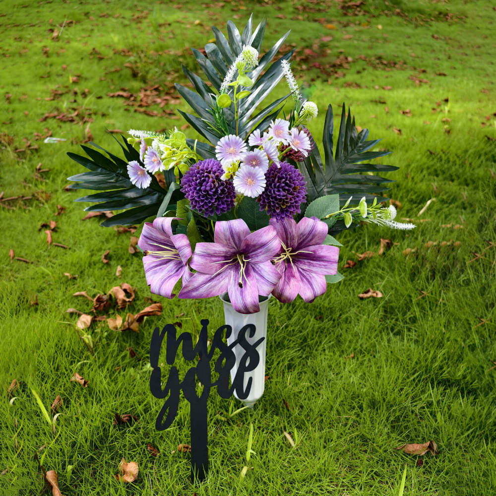 Eternal Artificial Flowers for Graves with Miss You Metal  – Waterproof UV-Resistant Cemetery Vase Arrangement, Tombstone Decor for Headstone