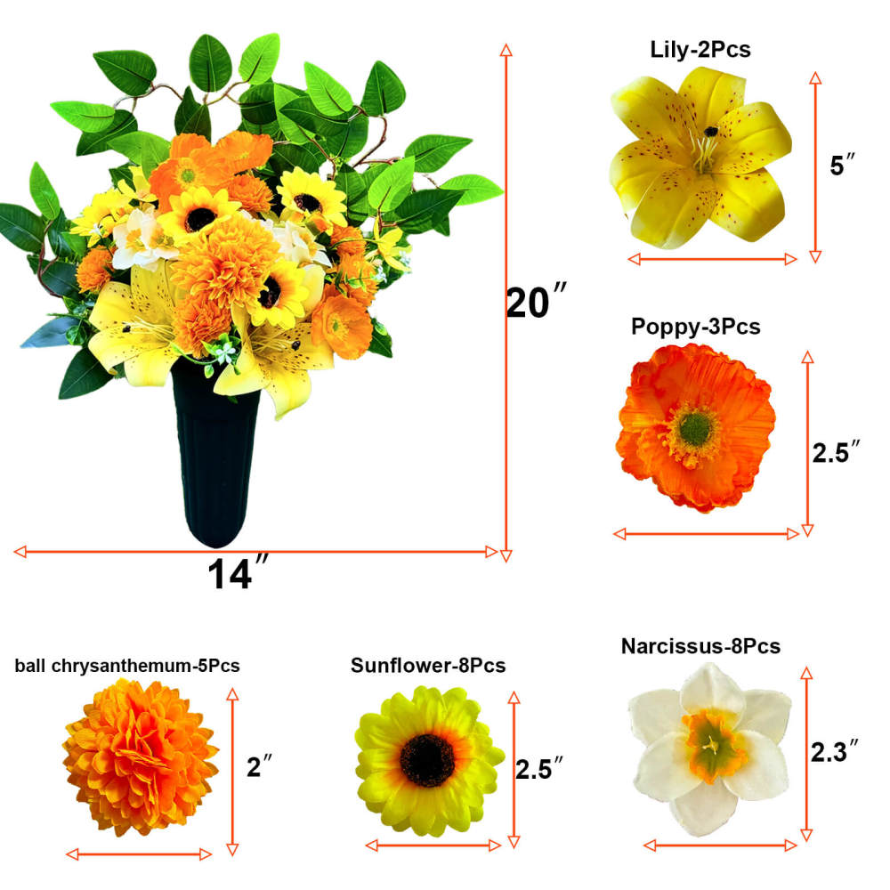 Yellow Sunflower Lily Poppy Narcissus Artificial Grave Flowers with Stake Base-20"