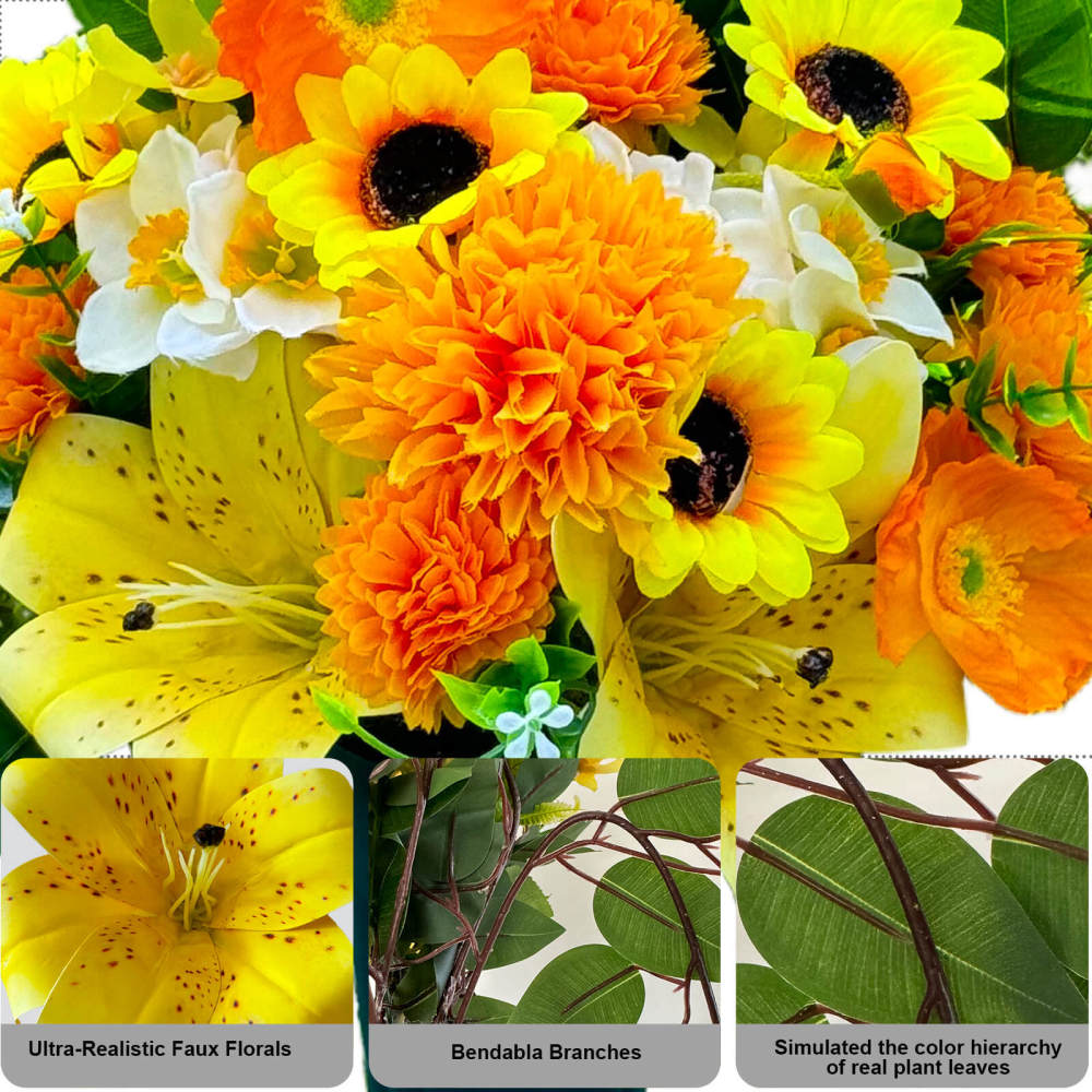 Yellow Sunflower Lily Poppy Narcissus Artificial Grave Flowers with Stake Base-20"