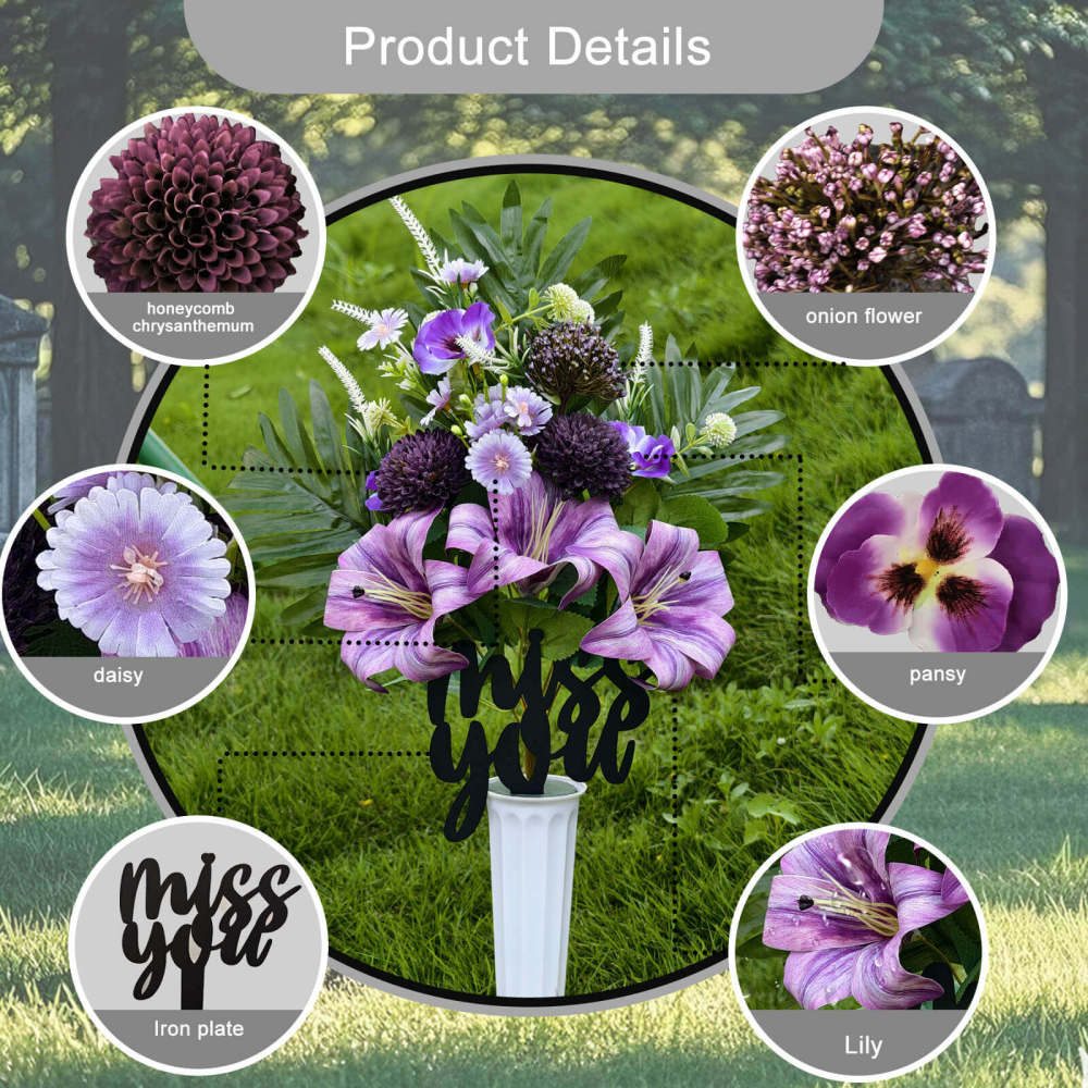 Eternal Artificial Flowers for Graves with Miss You Metal  – Waterproof UV-Resistant Cemetery Vase Arrangement, Tombstone Decor for Headstone