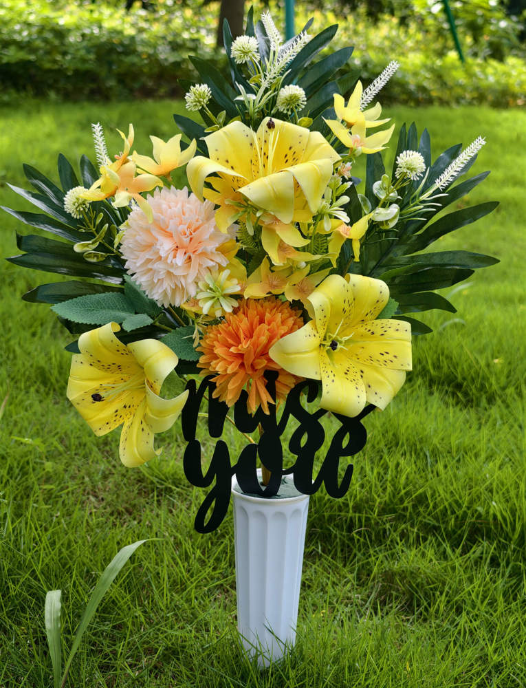 Artificial Yellow Lily Flowers Bouquet for Graves with Miss You Metal - 17.7"