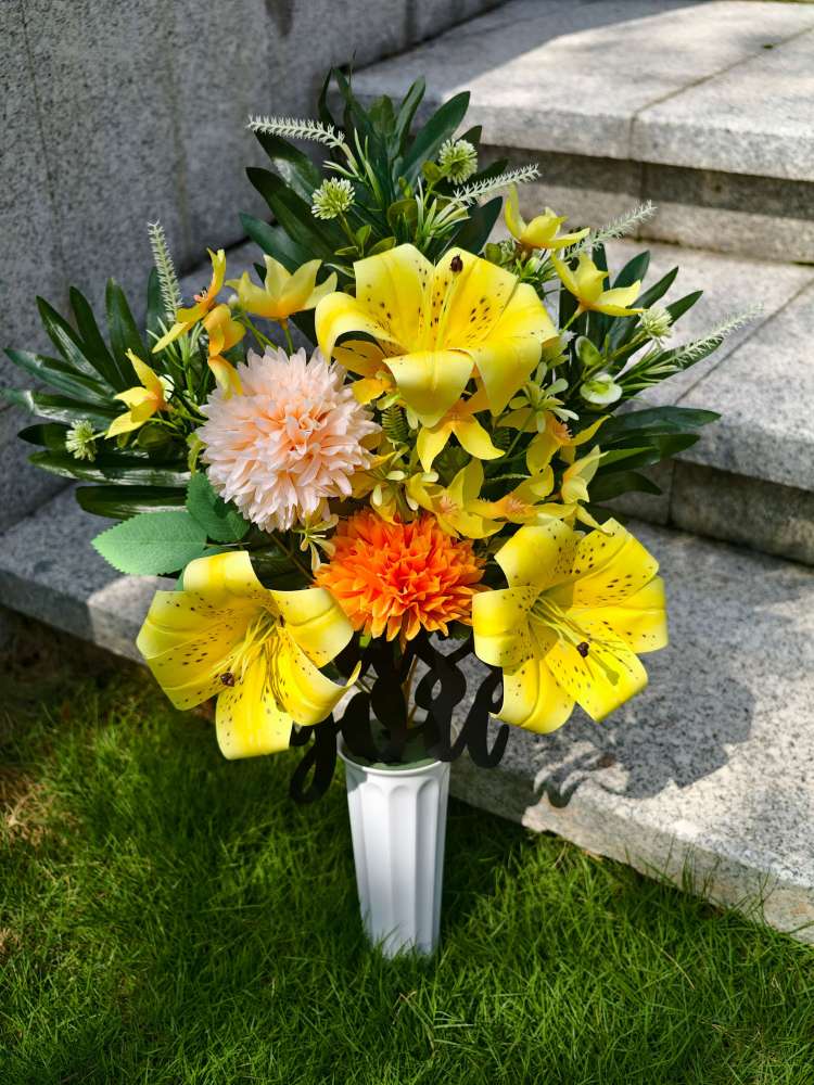 Artificial Yellow Lily Flowers Bouquet for Graves with Miss You Metal - 17.7"