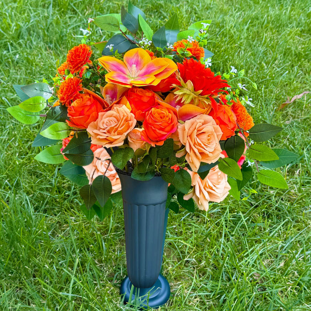 Artificial Grave Bouquet Rose Sunflower (Champagne Orange) with Stake Base-20"