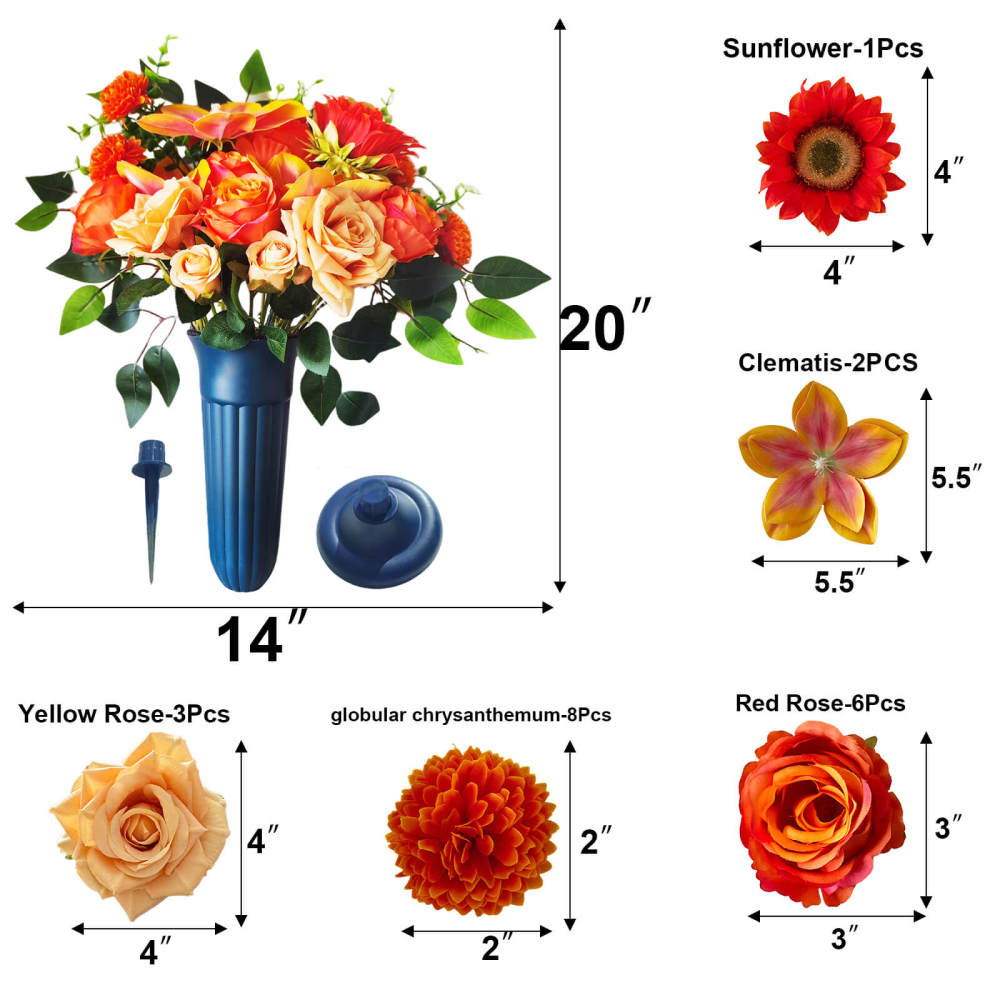 Artificial Grave Bouquet Rose Sunflower (Champagne Orange) with Stake Base-20"