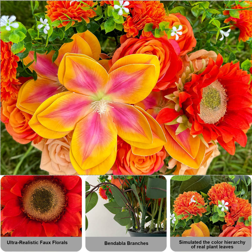 Artificial Grave Bouquet Rose Sunflower (Champagne Orange) with Stake Base-20"