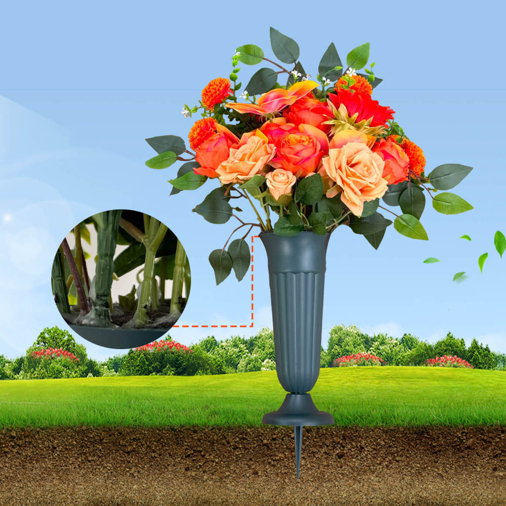 Artificial Grave Bouquet Rose Sunflower (Champagne Orange) with Stake Base-20"