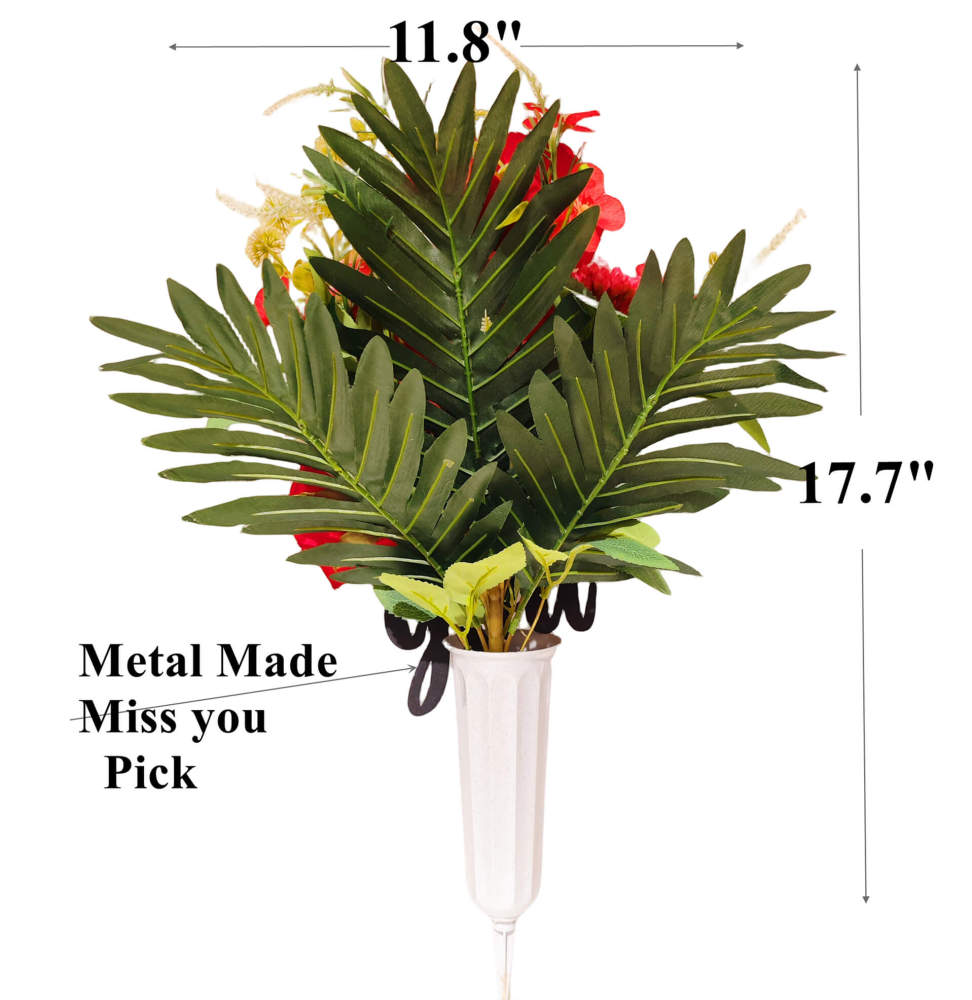 Artificial Red Rose Flowers Bouquet for Graves with Miss You Metal- 17.7"