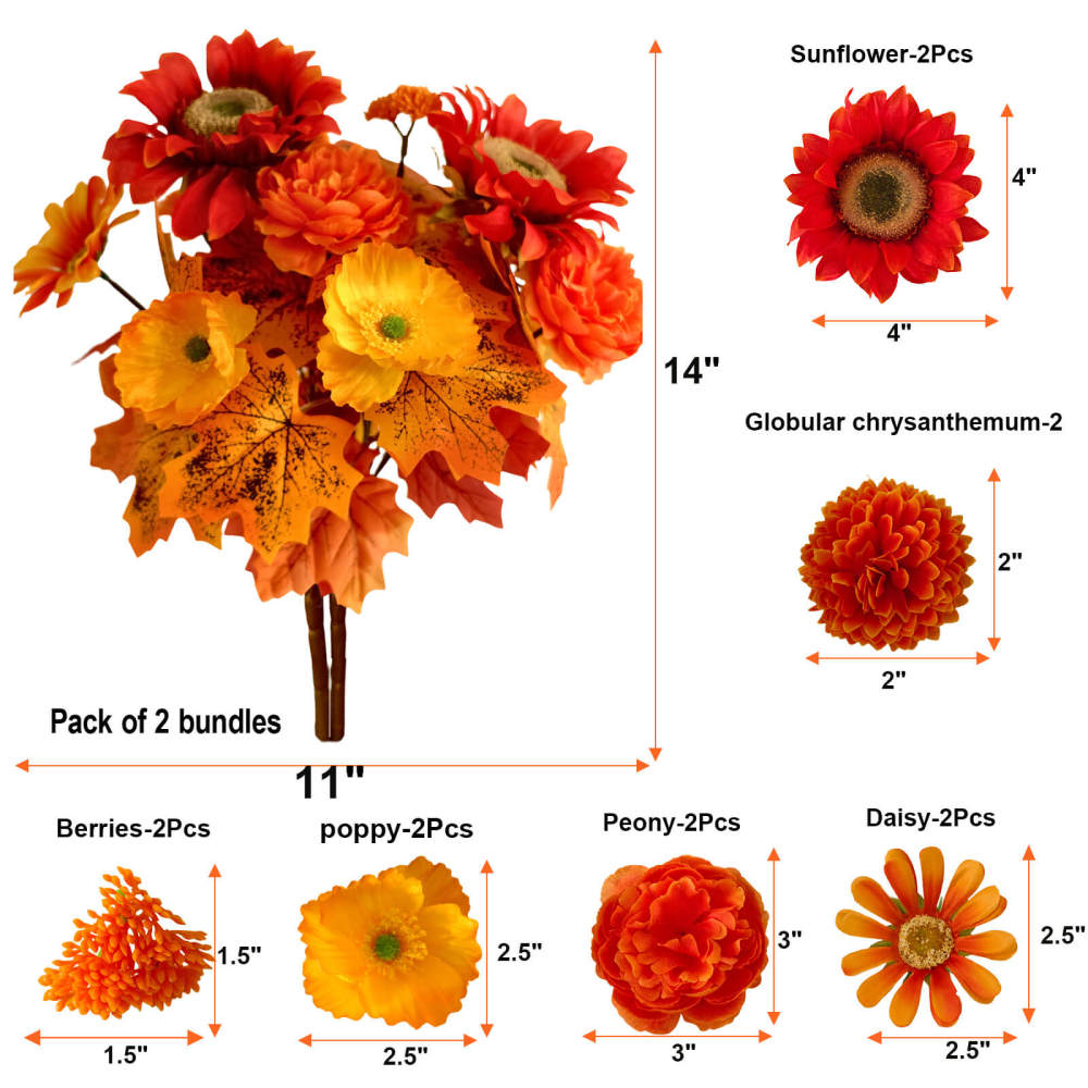 Fall Artificial Real Touch Sunflower Poppy Bouquet  2 Bundles  - 13"