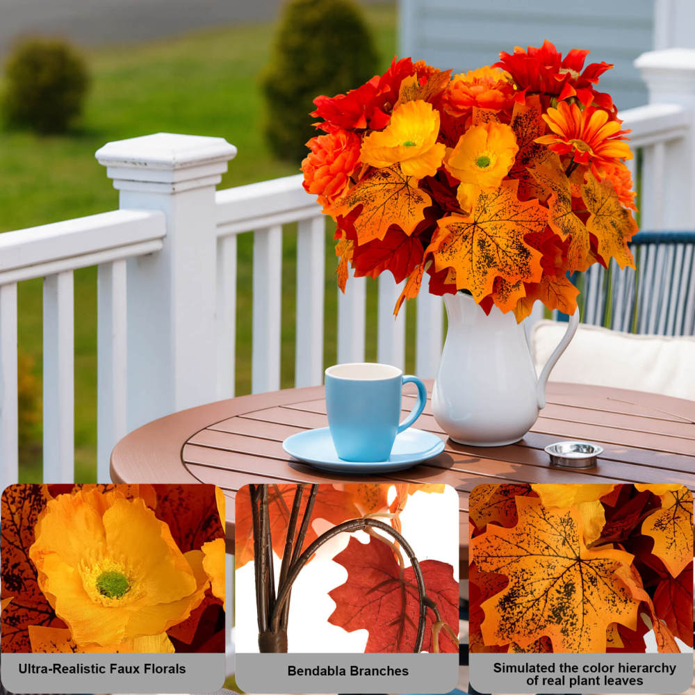 Fall Artificial Real Touch Sunflower Poppy Bouquet  2 Bundles  - 13"