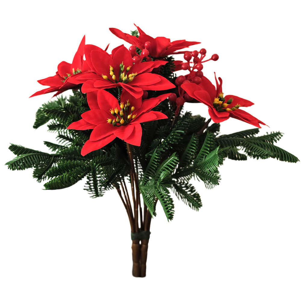 2 Bundles Artificial Poinsettia Bouquet with Red Berries - Christmas Floral Centerpiece for Holiday Decor, Table, Mantel, Wreath, Gift