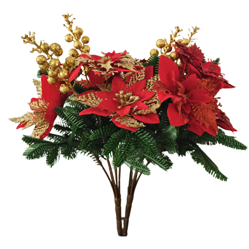 Glitter Christmas Poinsettia Bouquet – Artificial Holiday Floral Arrangement with Pine & Berries 2 Bundles (12steams)