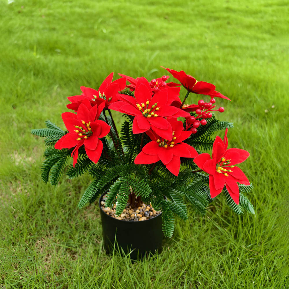 2 Bundles Artificial Poinsettia Bouquet with Red Berries - Christmas Floral Centerpiece for Holiday Decor, Table, Mantel, Wreath, Gift