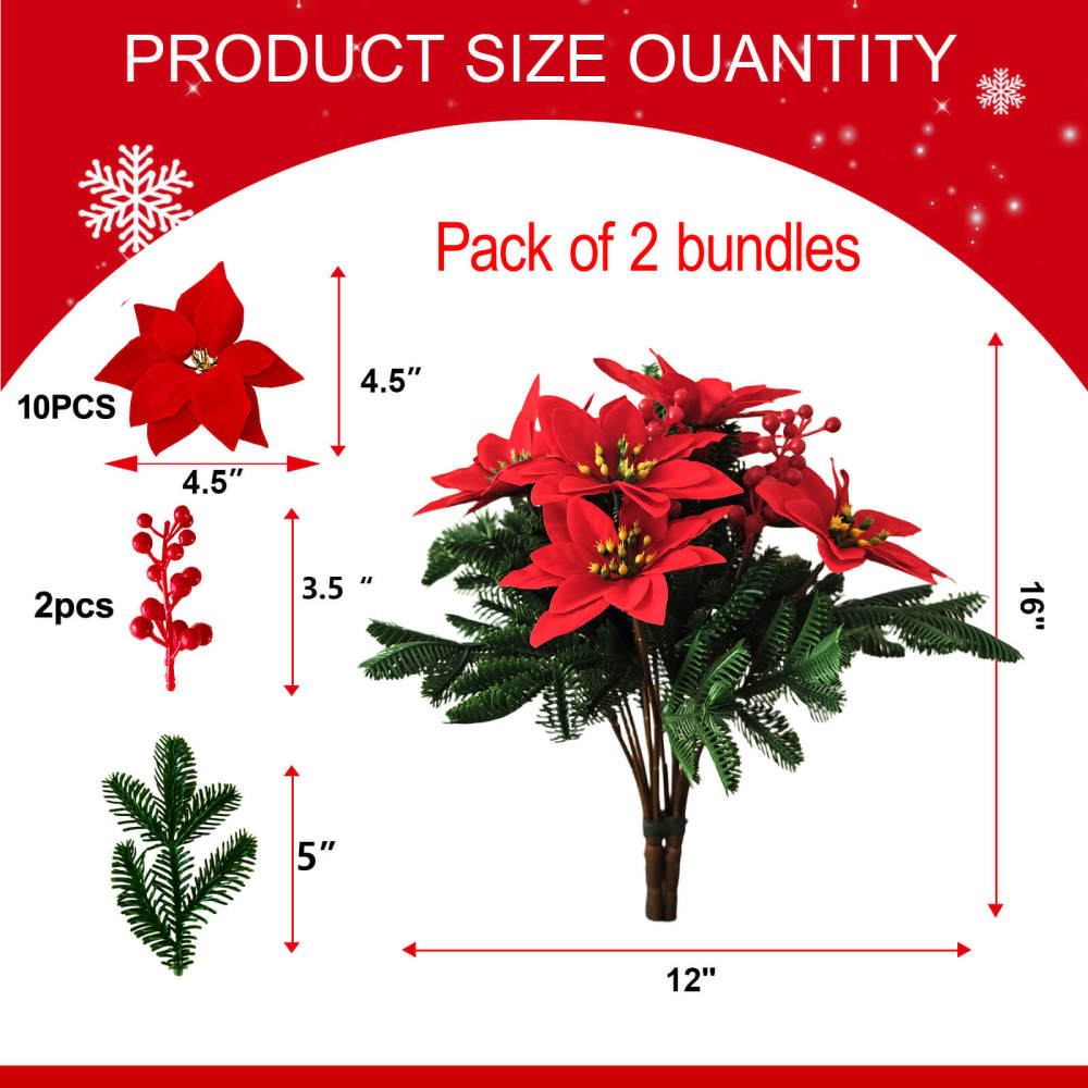 2 Bundles Artificial Poinsettia Bouquet with Red Berries - Christmas Floral Centerpiece for Holiday Decor, Table, Mantel, Wreath, Gift