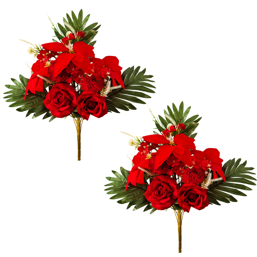 2-Pack (22 Stems) Velvet Poinsettia Bouquet - Artificial Christmas Flowers with Roses & Mums for Holiday, Xmas, Wedding Decor (Red/Green)