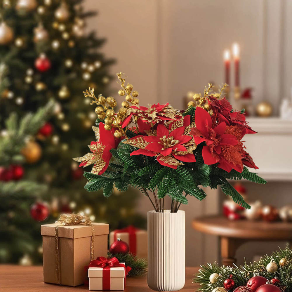 Glitter Christmas Poinsettia Bouquet – Artificial Holiday Floral Arrangement with Pine & Berries 2 Bundles (12steams)