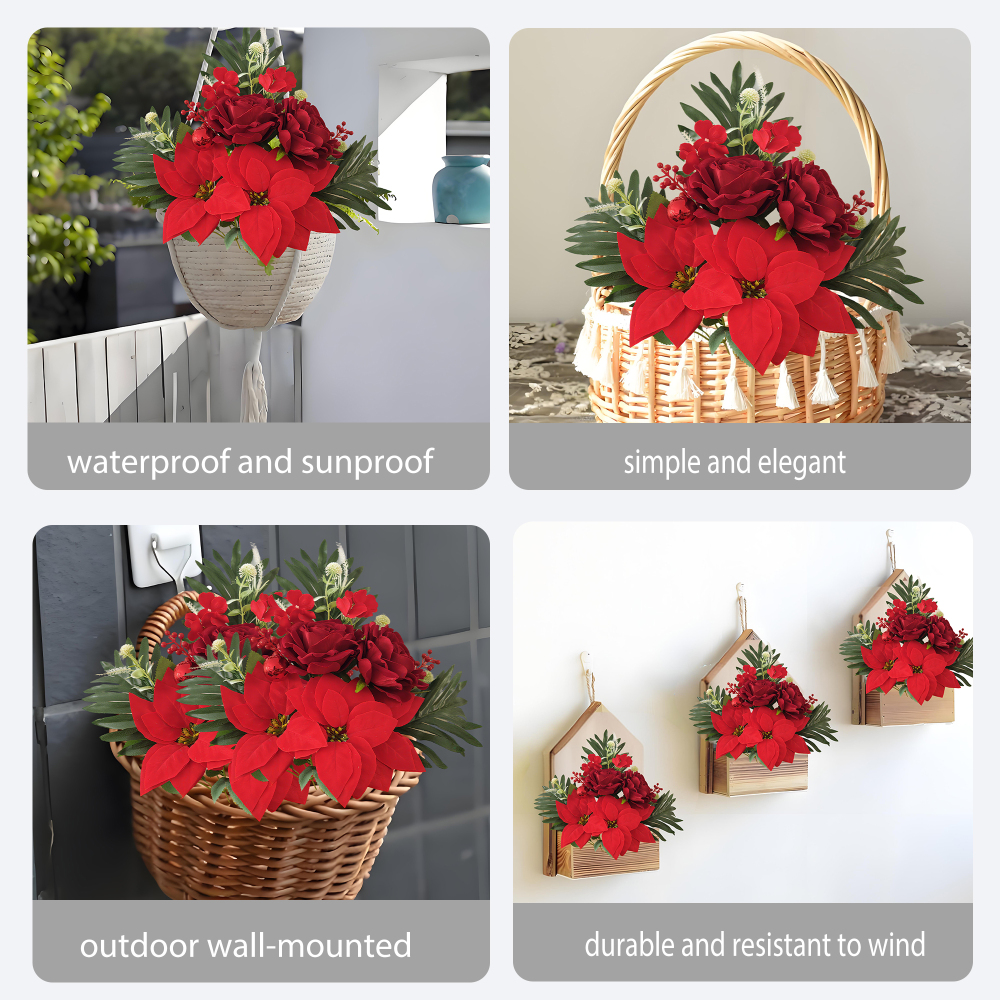 Velvet Poinsettia Bouquet - 2-Pack (22 Stems) Artificial Christmas Flowers with Roses & Mums for Holiday, Xmas, Wedding Decor