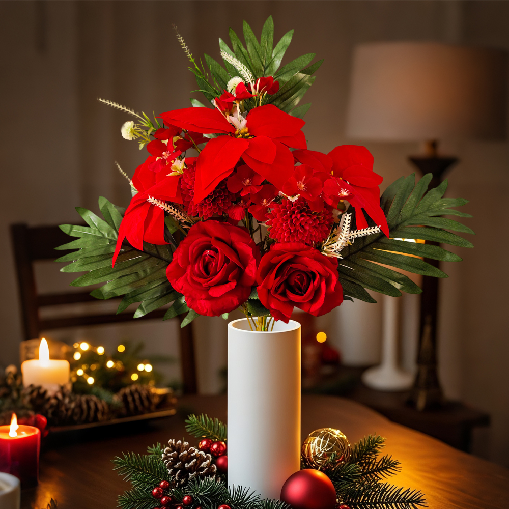 2-Pack (22 Stems) Velvet Poinsettia Bouquet - Artificial Christmas Flowers with Roses & Mums for Holiday, Xmas, Wedding Decor (Red/Green)