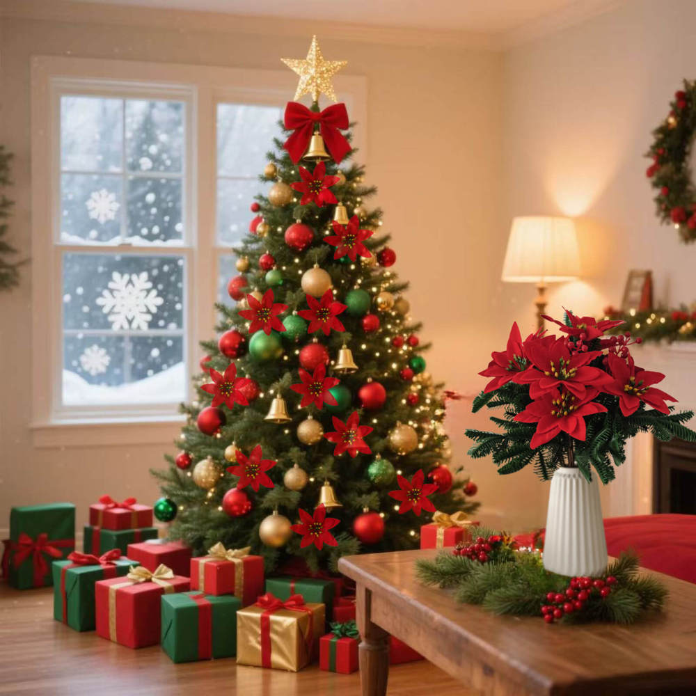2 Bundles Artificial Poinsettia Bouquet with Red Berries - Christmas Floral Centerpiece for Holiday Decor, Table, Mantel, Wreath, Gift