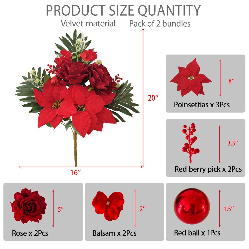 Velvet Poinsettia Bouquet - 2-Pack (22 Stems) Artificial Christmas Flowers with Roses & Mums for Holiday, Xmas, Wedding Decor