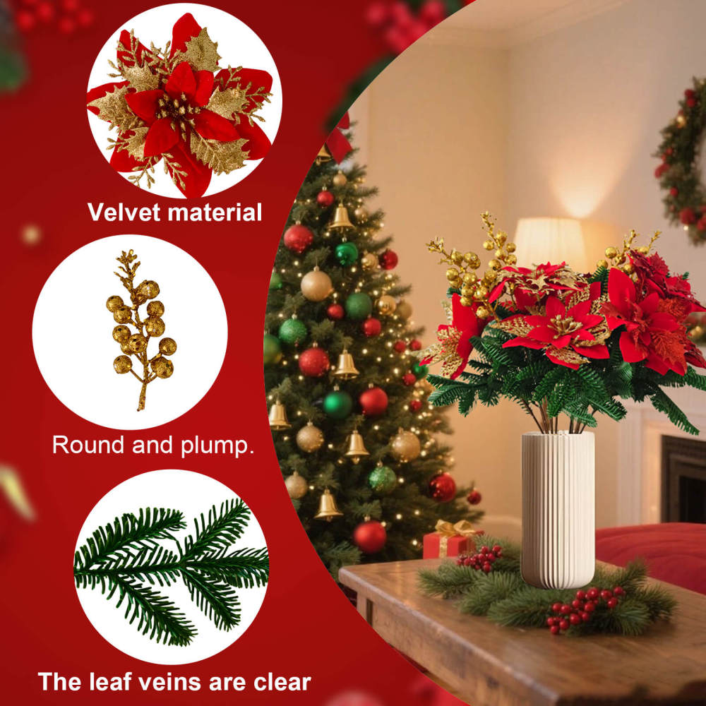 Glitter Christmas Poinsettia Bouquet – Artificial Holiday Floral Arrangement with Pine & Berries 2 Bundles (12steams)